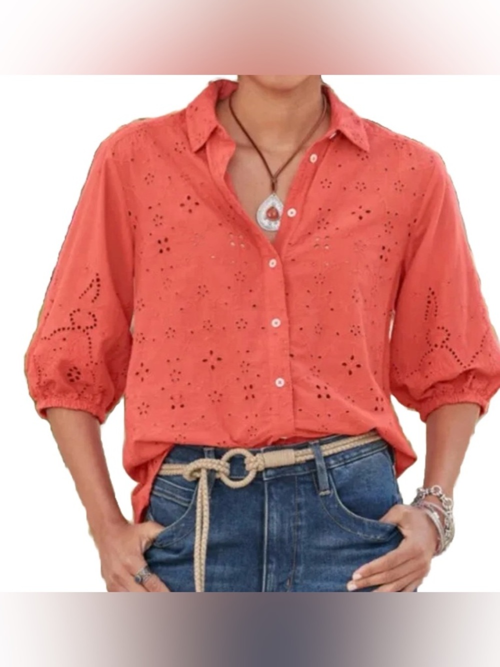 Sundance Corsica Eyelet Floral Top Women's Size XS Coral Button Down Blouse Boho